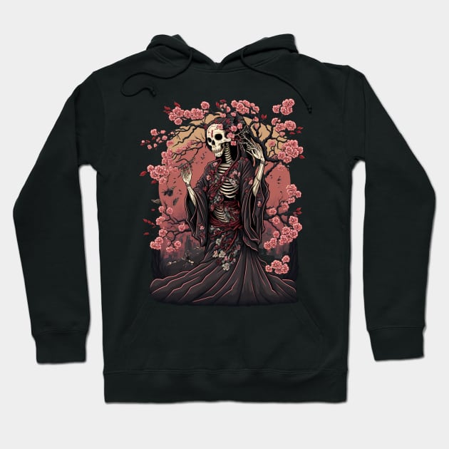 Skeletal Beauty A Lady in Kimono amidst Cherry Blossoms Hoodie by PlayfulPrints